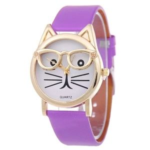 SOLD Cat with Glasses Purple & Gold Wrist Watch